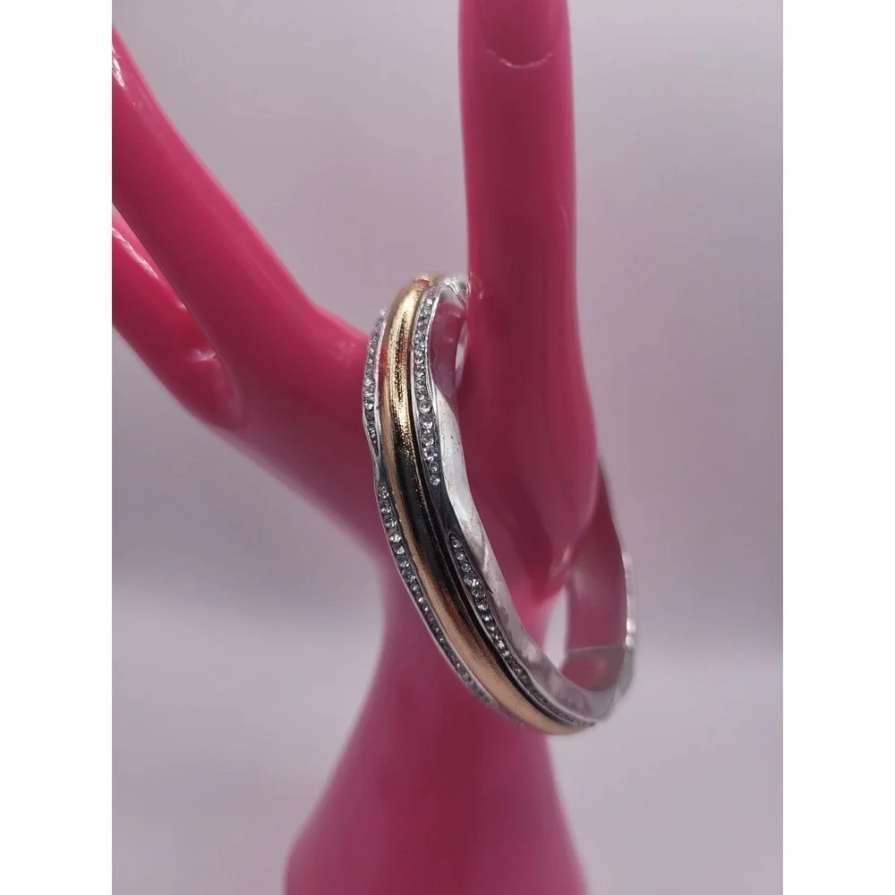 Brighton Two Tone Gold Silver Crystal Hinged Bangle Bracelet Signed